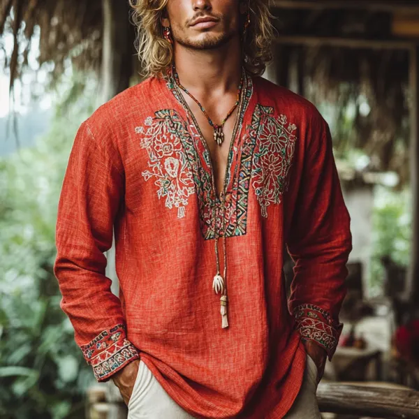 Men's Bohemian Holiday Style Vintage Linen Printed Casual Long Sleeve Top - Elementnice.com 