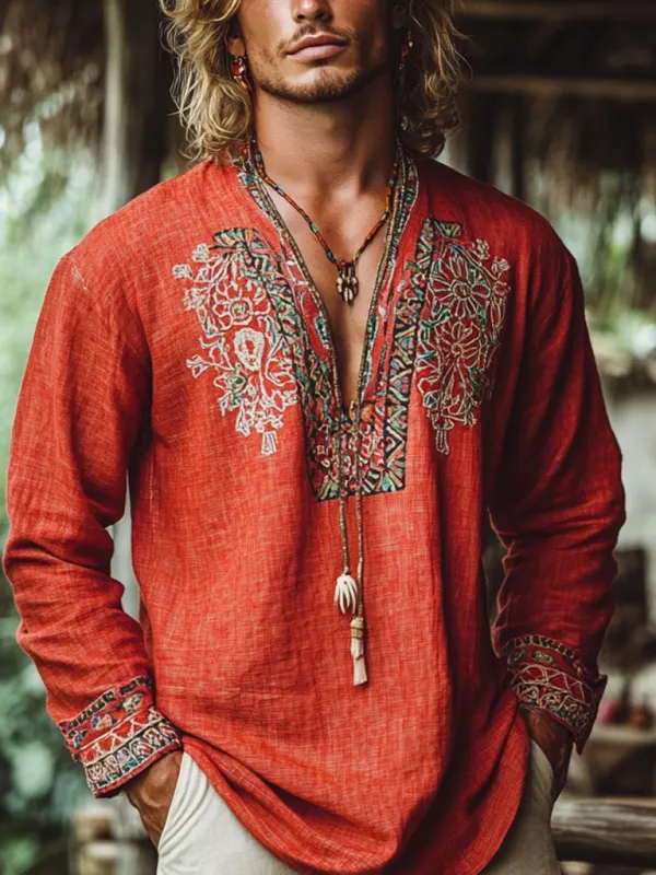 Men's Bohemian Holiday Style Vintage Linen Printed Casual Long Sleeve Top - Menbarn.com 