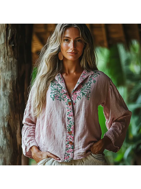 Women's Linen Floral Print V-Neck Shirt - Realyiyi.com 