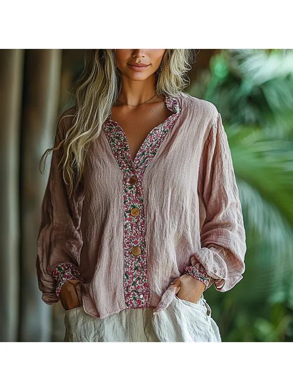 Women's Spring & Summer Bohemian Mini Floral Panel Linen Shirt - Cominbuy.com 