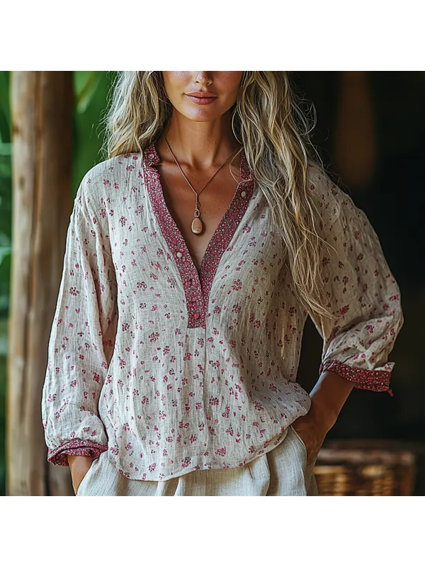 Women's Spring & Summer Bohemian Mini Floral Panel Linen Shirt - Cominbuyshop.com 