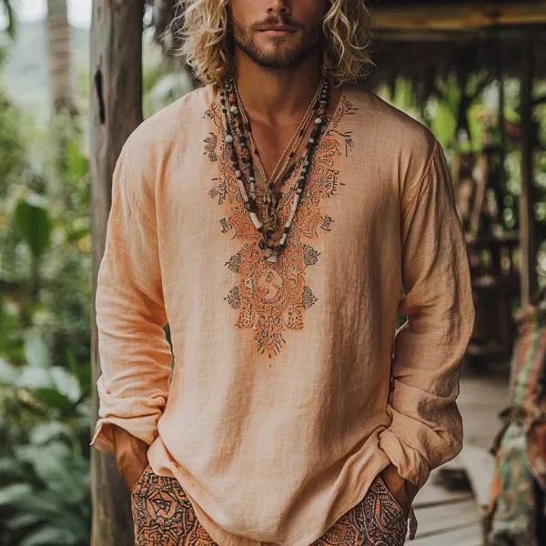 Men's Bohemian Holiday Style Vintage Linen Printed Casual Long Sleeve Top - Elementnice.com 