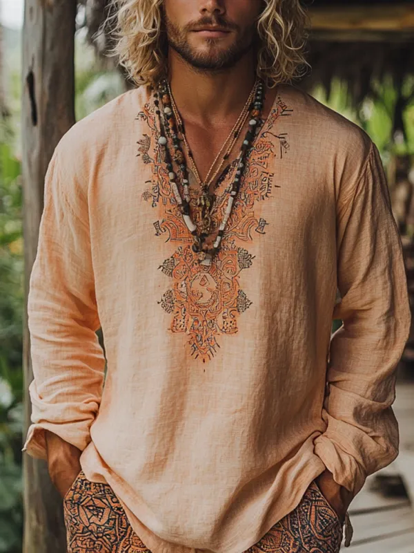 Men's Bohemian Holiday Style Vintage Linen Printed Casual Long Sleeve Top - Pragmaace.com 