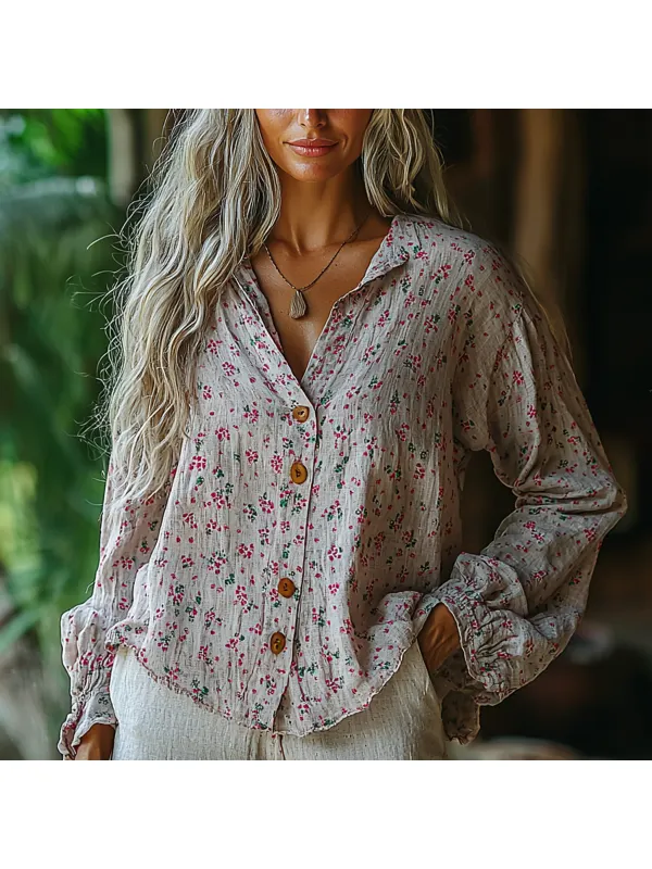 Women's Spring & Summer Bohemian Mini Floral Print Linen Shirt - Geocici.com 