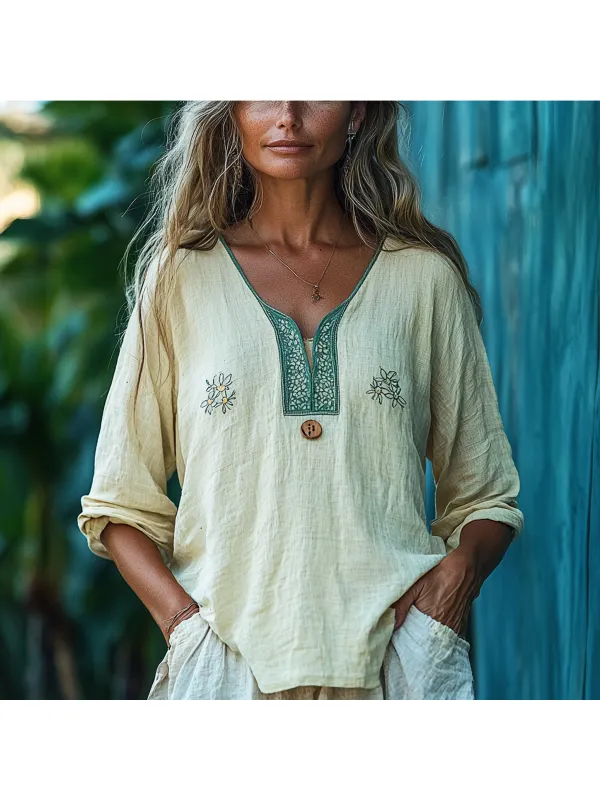 Women's Linen Mini Floral Panel Loose Shirt - Realyiyi.com 
