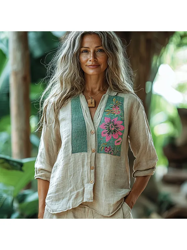 Women's Linen Floral Patchwork Loose Shirt - Realyiyi.com 