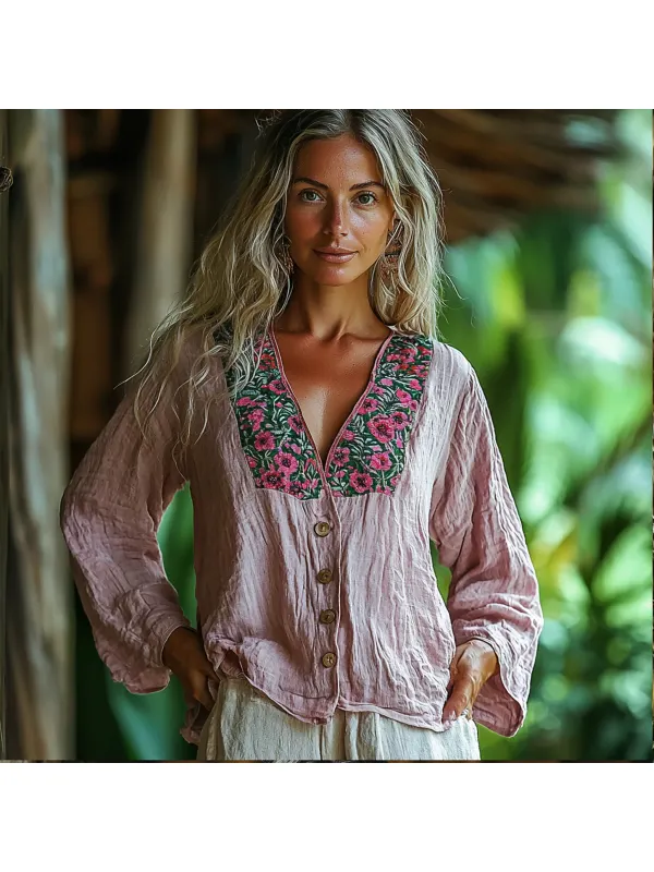 Women's Linen Floral Print Casual Panel Shirt - Realyiyi.com 