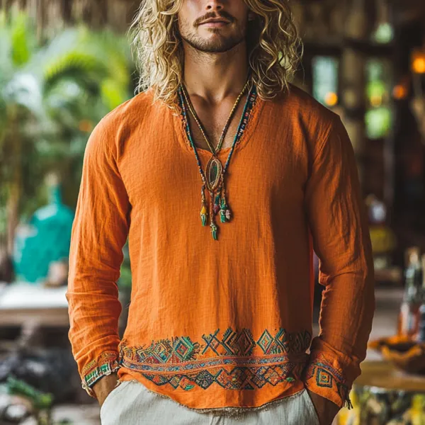 Men's Bohemian Holiday Style Vintage Linen Printed Casual Long Sleeve Top - Elementnice.com 