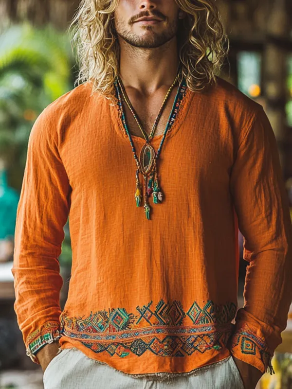 Men's Bohemian Holiday Style Vintage Linen Printed Casual Long Sleeve Top - Menbarn.com 