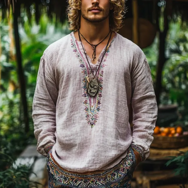 Men's Bohemian Holiday Style Vintage Linen Printed Casual Long Sleeve Top - Elementnice.com 