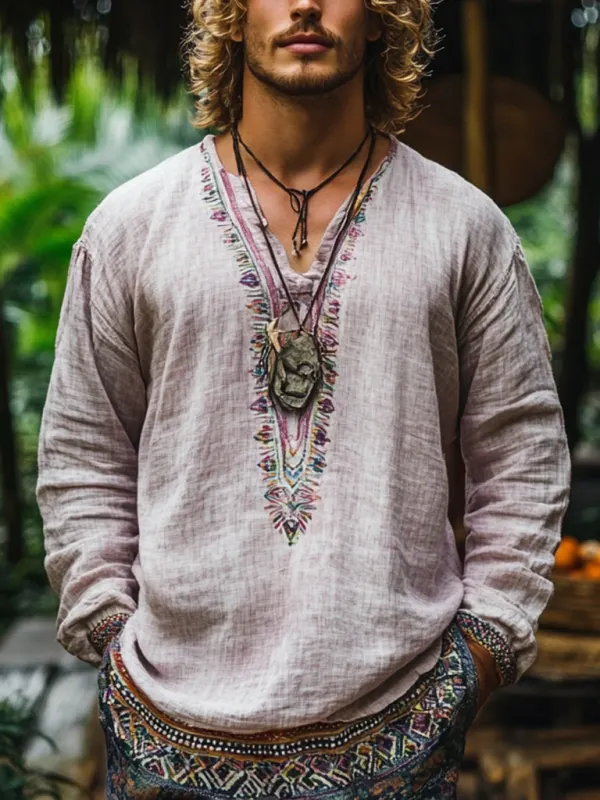 Men's Bohemian Holiday Style Vintage Linen Printed Casual Long Sleeve Top - Menbarn.com 