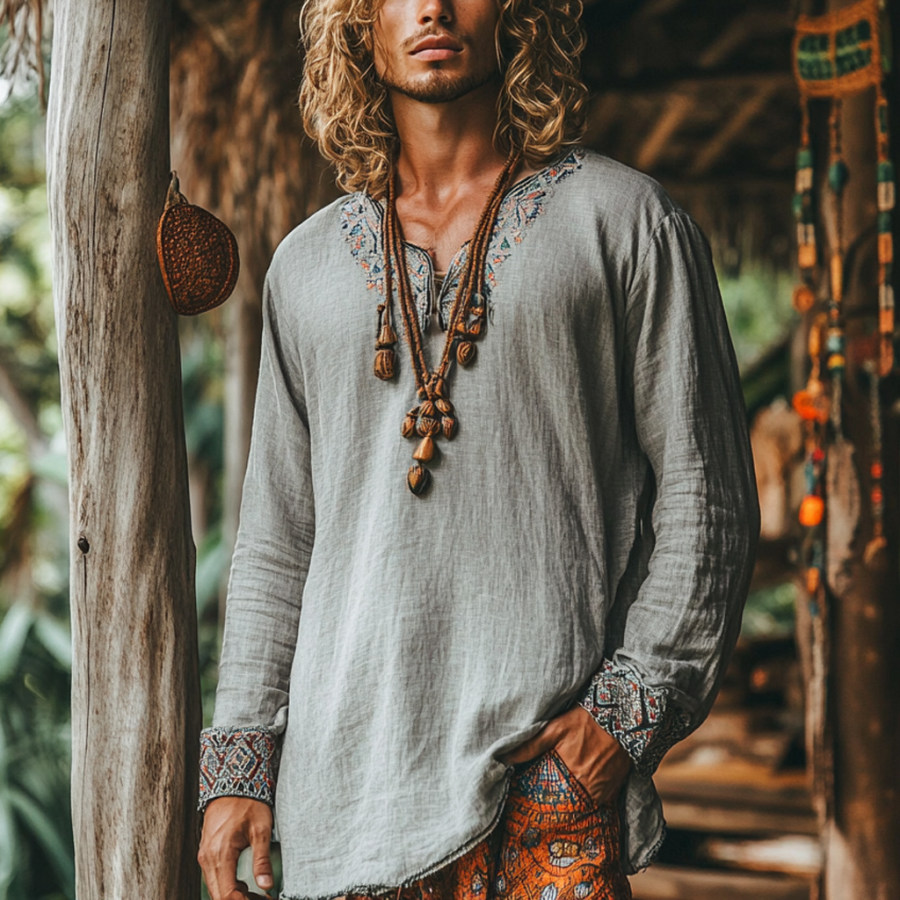 

Men's Bohemian Holiday Style Vintage Linen Printed Casual Long Sleeve Top