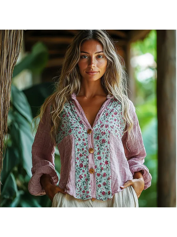 Women's Linen Floral Print Shirt - Realyiyi.com 
