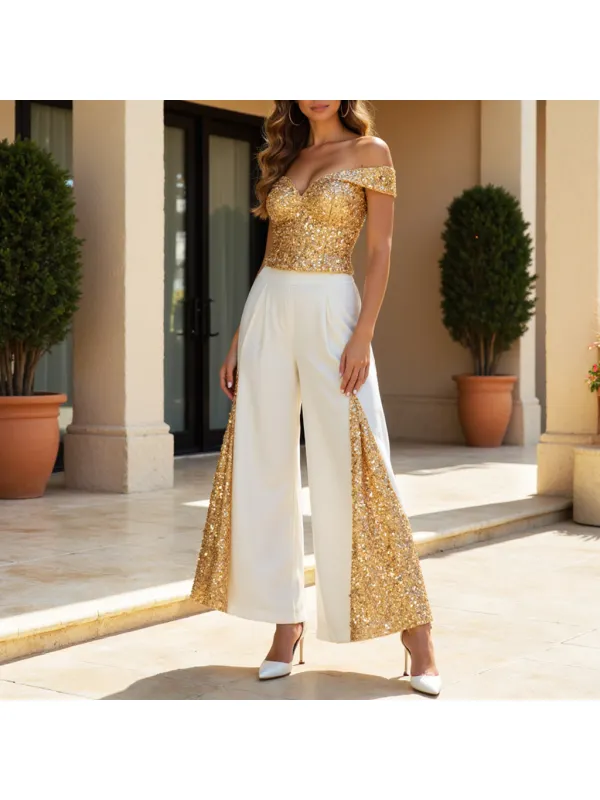 Women's Metallic Sequin Off-the-shoulder Tank Top Long Wide-leg Pants Set - Localziv.com 