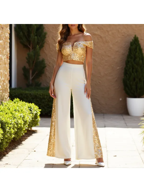 Women's Metallic Sequin Off-the-shoulder Tank Top And Wide-leg Pants Set - Localziv.com 
