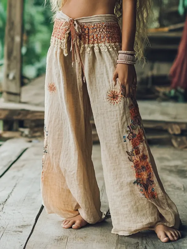 Bohemian Holiday Style Retro Linen Floral Ethnic Totem Print Casual Pants - Pragmaace.com 