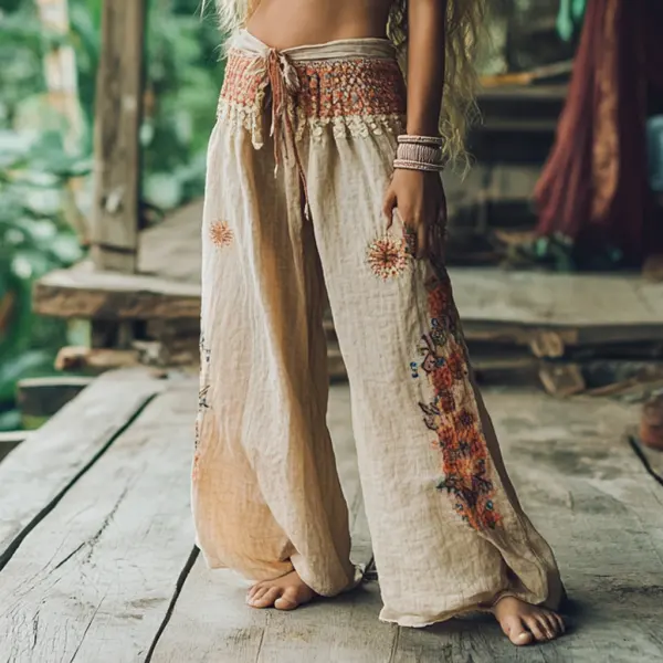 Bohemian Holiday Style Retro Linen Floral Ethnic Totem Print Casual Pants - Spiretime.com 