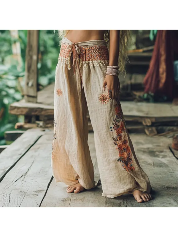Bohemian Holiday Style Retro Linen Floral Ethnic Totem Print Casual Pants - Cominbuy.com 