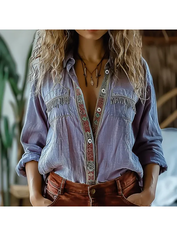 Women's Vintage Ethnic Style Tassel Pocket Shirt - Localziv.com 