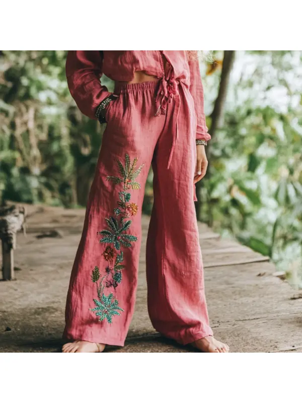 Bohemian Holiday Style Retro Linen Floral Ethnic Totem Print Casual Pants - Localziv.com 
