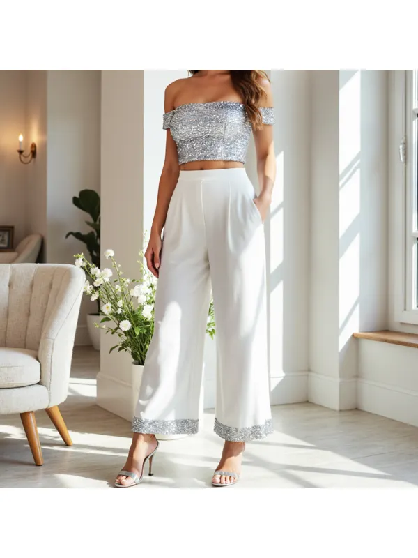 Women's Sequined Vest And Long Wide Leg Pants Set - Localziv.com 