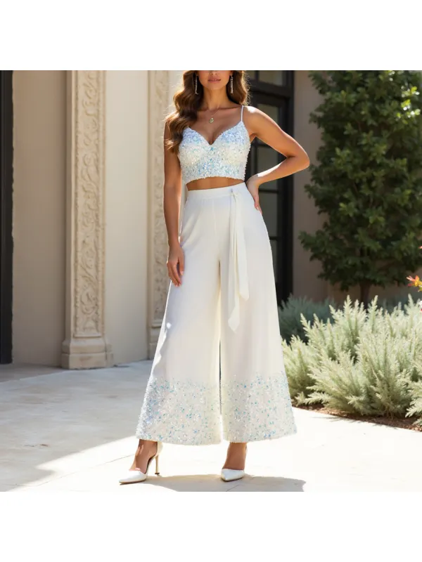 Women's Metallic Sequin Tank Top And Long Wide-leg Pants Set - Localziv.com 