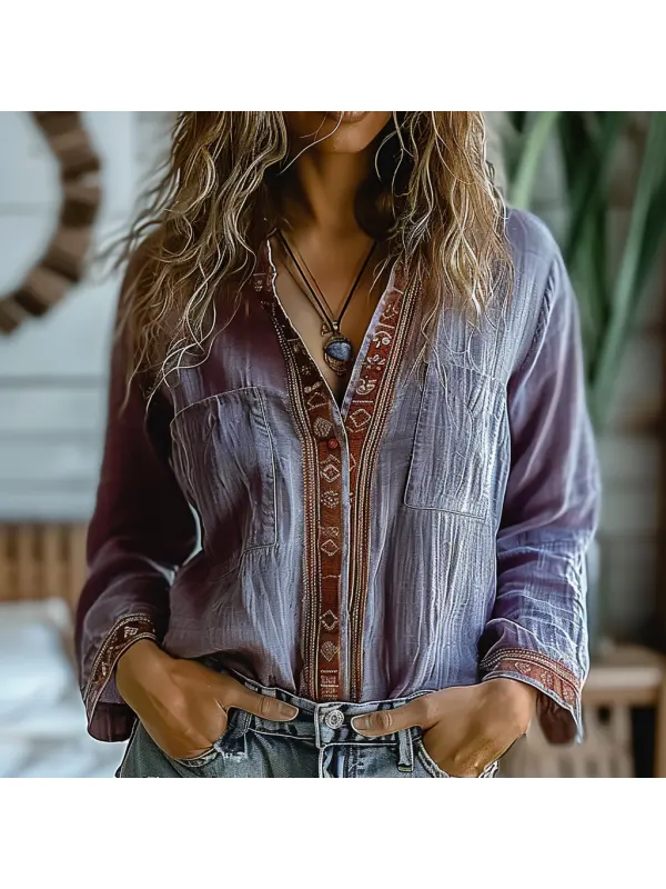 Women's Vintage Ethnic Printed Pocket Shirt - Localziv.com 