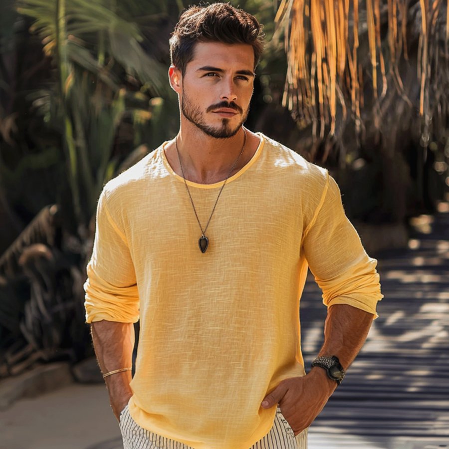 

Men's Basic Plain Breathable Linen Long Sleeve Shirt