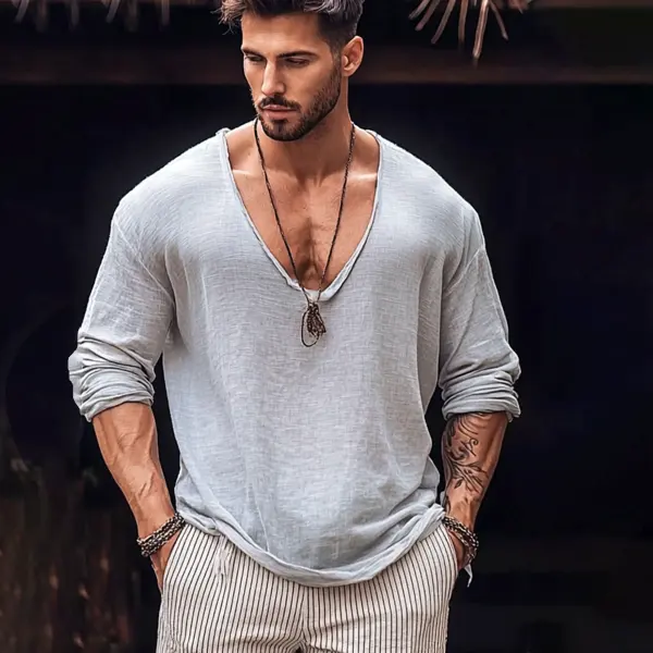 Men's V-neck Basic Long-sleeved Linen Shirt - Fineyoyo.com 