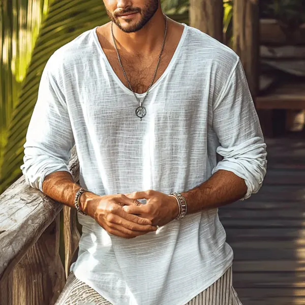 Men's Basic V-Neck Breathable Linen Long Sleeve Shirt - Wayrates.com 