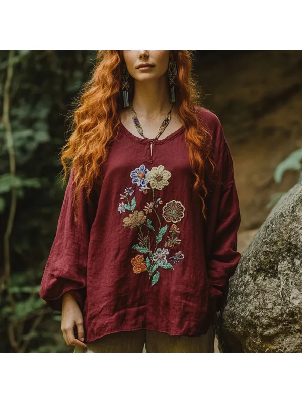 Bohemian Holiday Style Vintage Embroidered Print Casual Long-sleeved Top - Aptkoi.com 