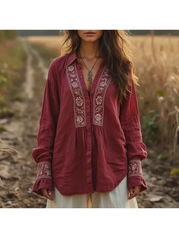 Women's Casual Cotton And Linen Retro Long-sleeved Shirt - Aptkoi.com 