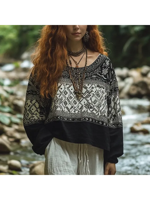 Bohemian Holiday Style Vintage Embroidered Print Casual Long-sleeved Top - Aptkoi.com 