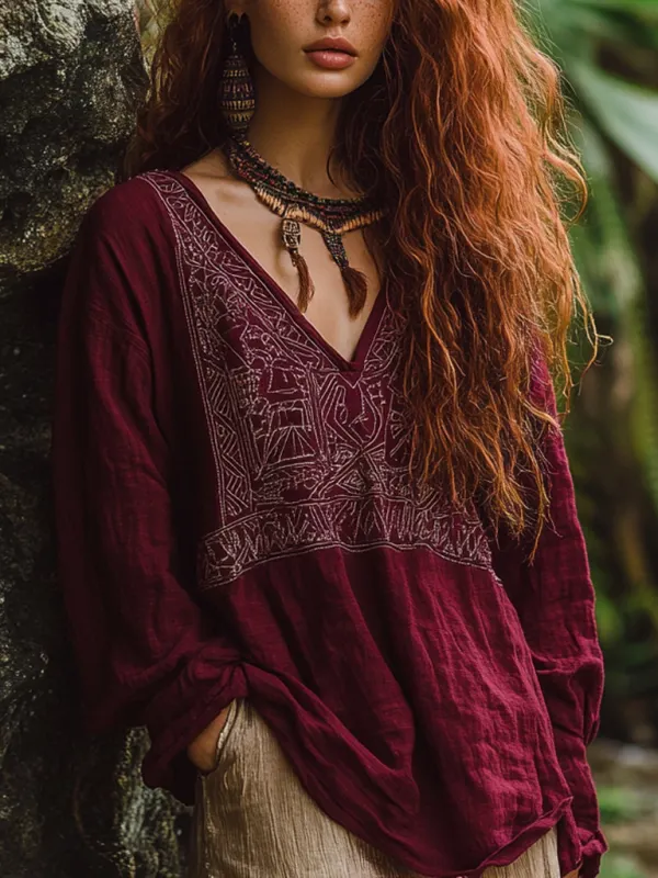 Bohemian Holiday Style Vintage Embroidered Print Casual Long-sleeved Top - Wantbright.com 