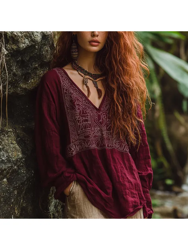 Bohemian Holiday Style Vintage Embroidered Print Casual Long-sleeved Top - Realyiyi.com 