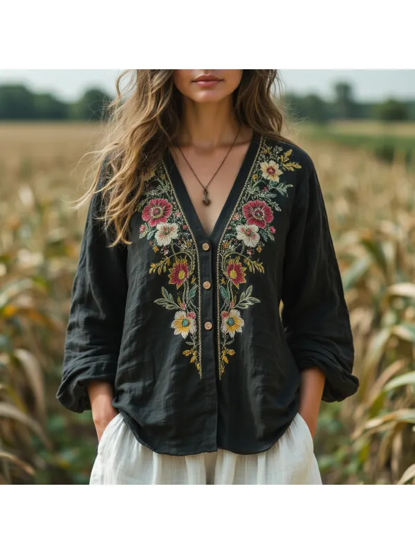 Women's Casual Cotton And Linen Retro Long-sleeved Shirt - Aptkoi.com 