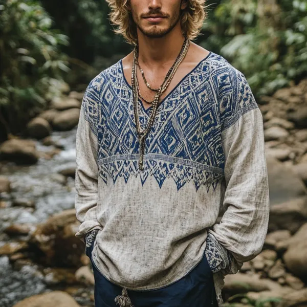 Men's Bohemian Holiday Style Vintage Printed Casual Long Sleeve Top - Trisunshine.com 