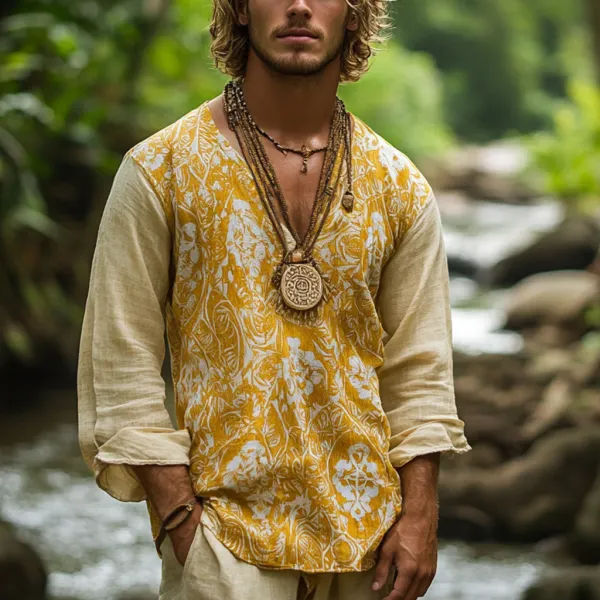 Men's Bohemian Holiday Style Vintage Printed Casual Long Sleeve Top - Trisunshine.com 