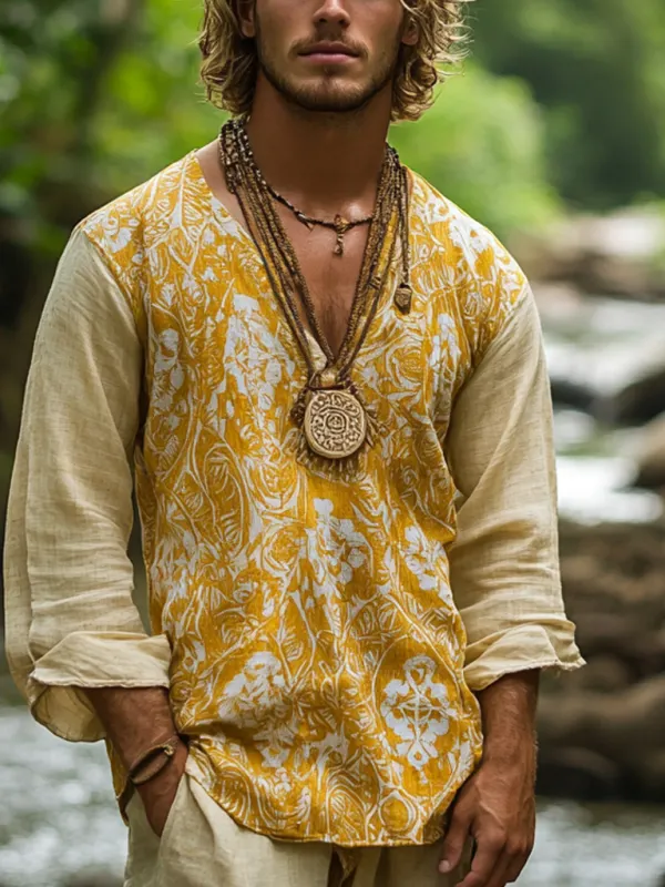 Men's Bohemian Holiday Style Vintage Printed Casual Long Sleeve Top - Sunshinenice.com 