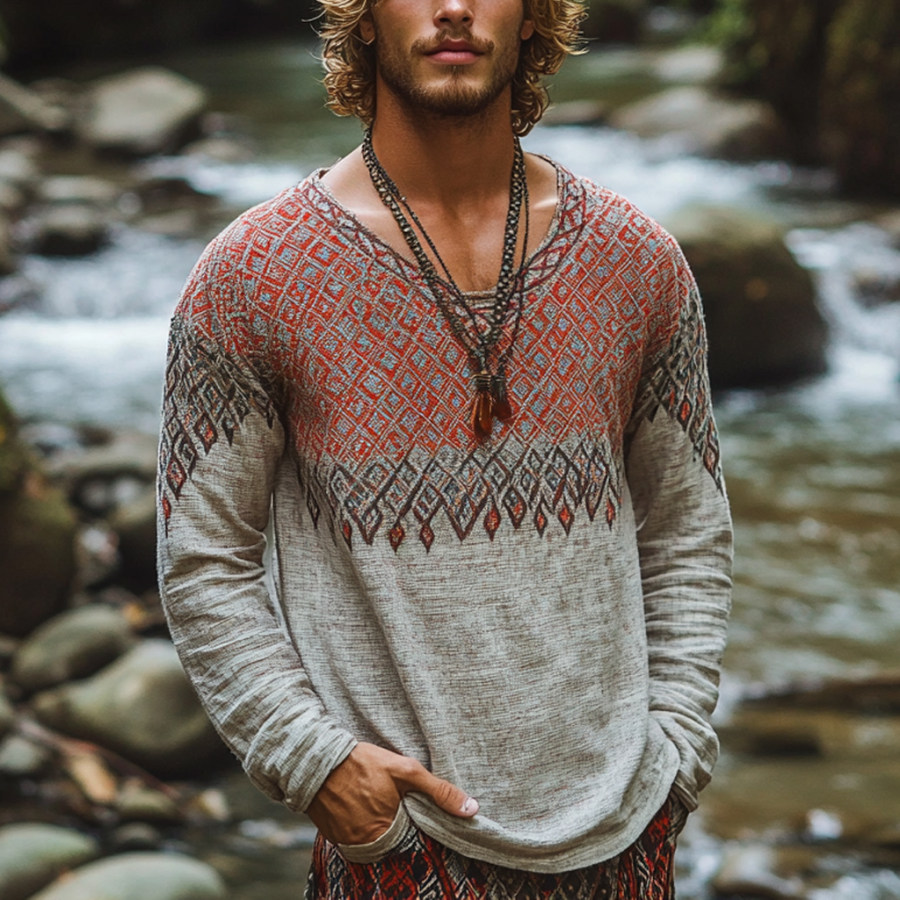 

Men's Bohemian Holiday Style Vintage Printed Casual Long Sleeve Top