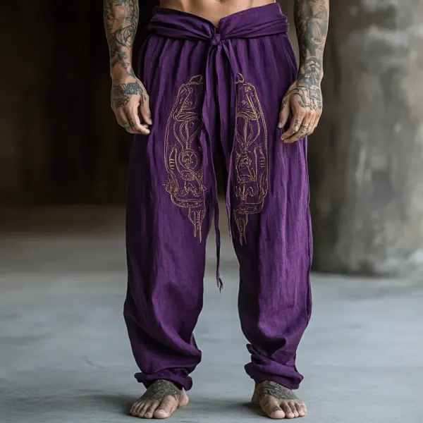 Men's Embroidery Pattern Casual Loose Drawstring Cotton Linen Harem Purple Pants - Trisunshine.com 