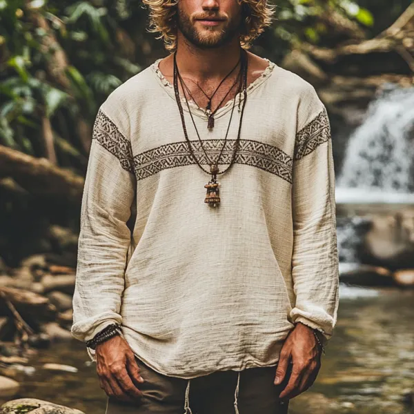 Men's Bohemian Holiday Style Vintage Printed Casual Long Sleeve Top - Wayrates.com 