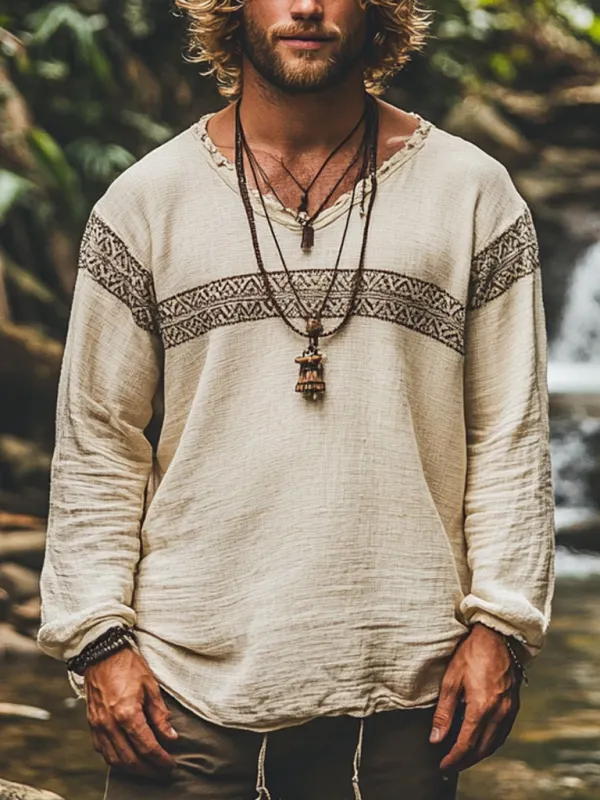 Men's Bohemian Holiday Style Vintage Printed Casual Long Sleeve Top - Menbarn.com 