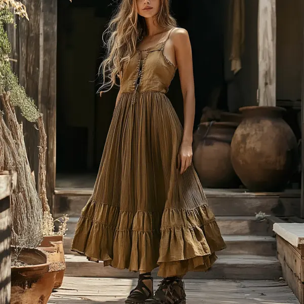 Ladies Vintage Western Cowgirl Halter Ethnic Style Print Cotton Linen Boho Dress - Ootdyouth.com 