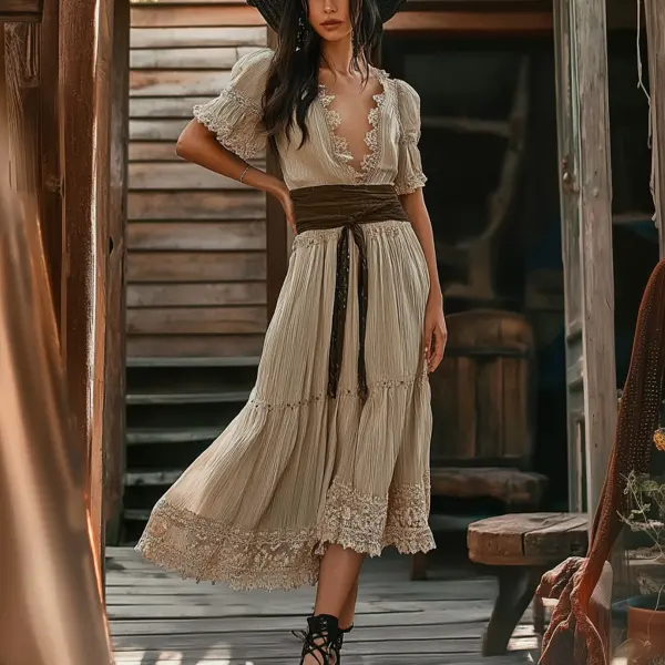 Ladies Vintage Western Cowgirl Ethnic Style Print Cotton Linen Lace Boho Dress - Ootdyouth.com 