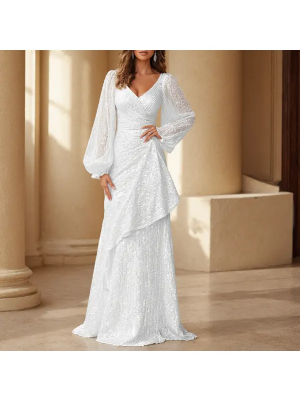 Women's Metallic Sequined Long-sleeved Dress Long Dress - Geocici.com 