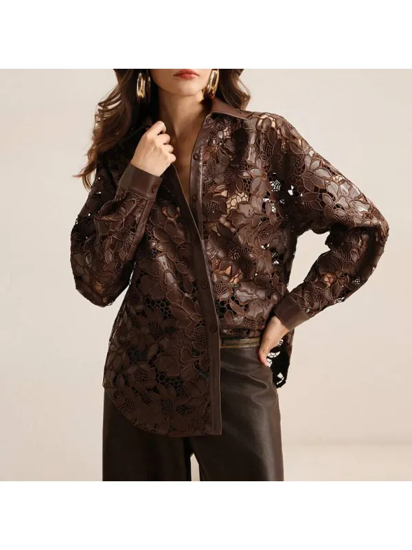 Women's Casual Hollow Embroidered Leather Long-sleeved Shirt - Aptkoi.com 