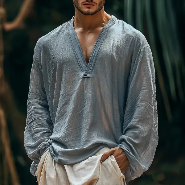 Men's Holiday Simple Loose V-Neck Linen Shirt - Wayrates.com 