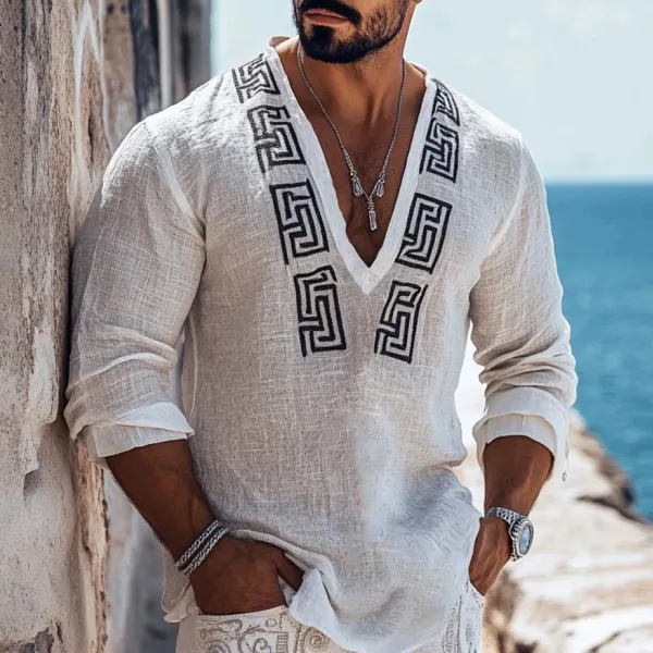 Men's Leisure Greek Key Graphics Linen V-neck Shirt - Trisunshine.com 