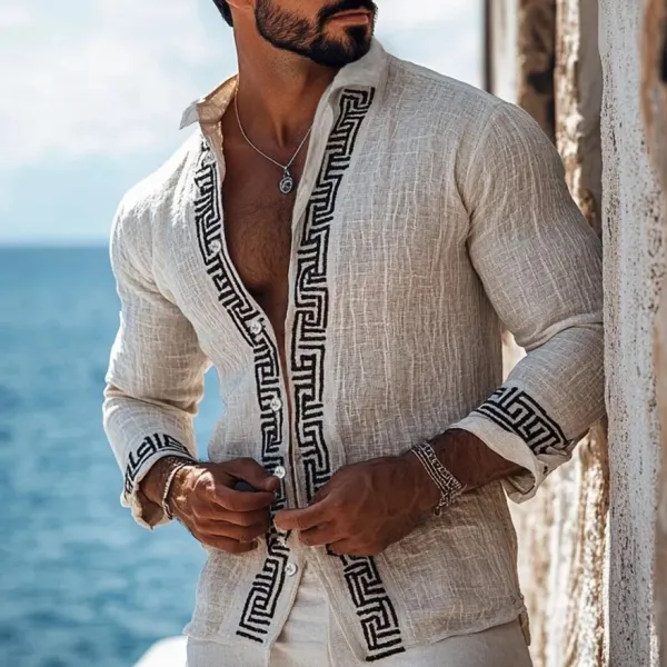 Men's Retro Greek Key Inspired Linen Blend Comfy Blouse - Trisunshine.com 